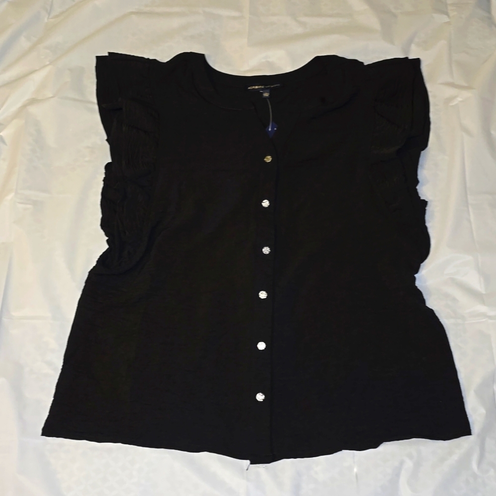 Adrienne Vittadini Black Ruffle Short Sleeveless Button Down Blouse Large